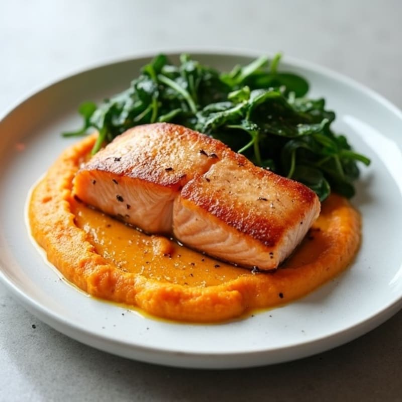 Crispy Skin Salmon with Creamy Sweet Potato Puree and Sautéed Greens