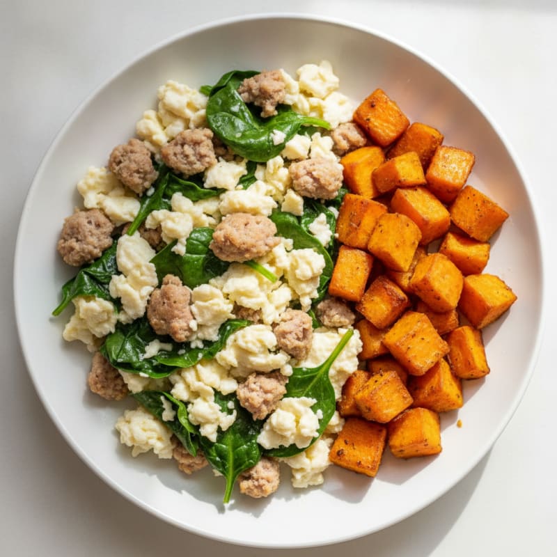 Egg White and Turkey Sausage Scramble with Spinach and Roasted Sweet Potato