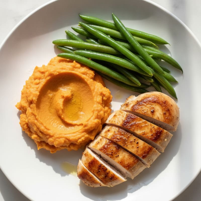 Seared Chicken Breast with Steamed Green Beans and Mashed Sweet Potato
