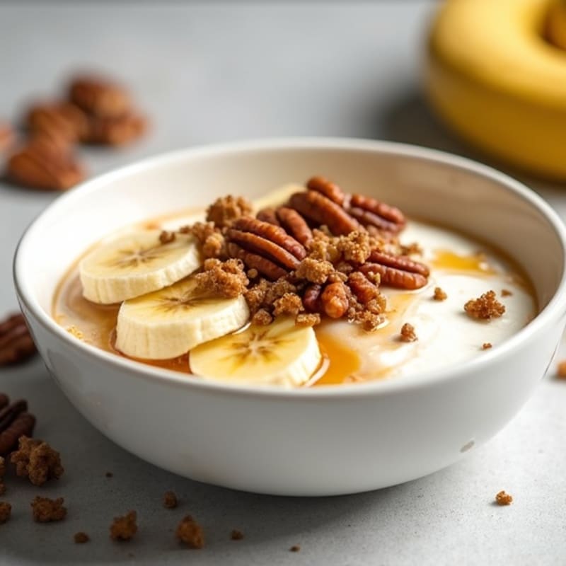 Protein-Packed Creamy Banana Bowl with Date Caramel and Crunchy Toasted Pecans