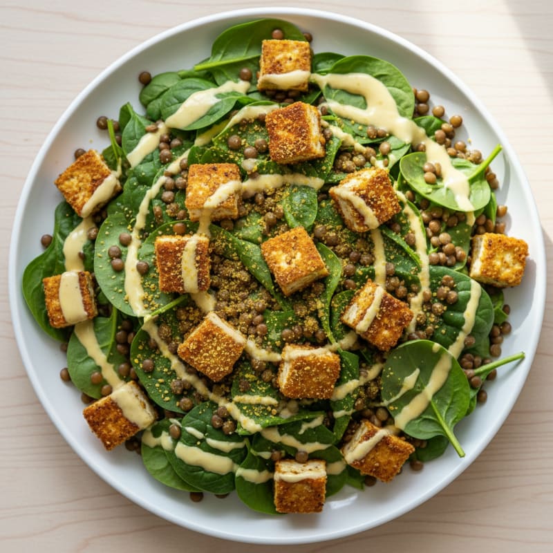 Crispy Tofu and Lentil Power Salad with Lemon-Tahini Dressing