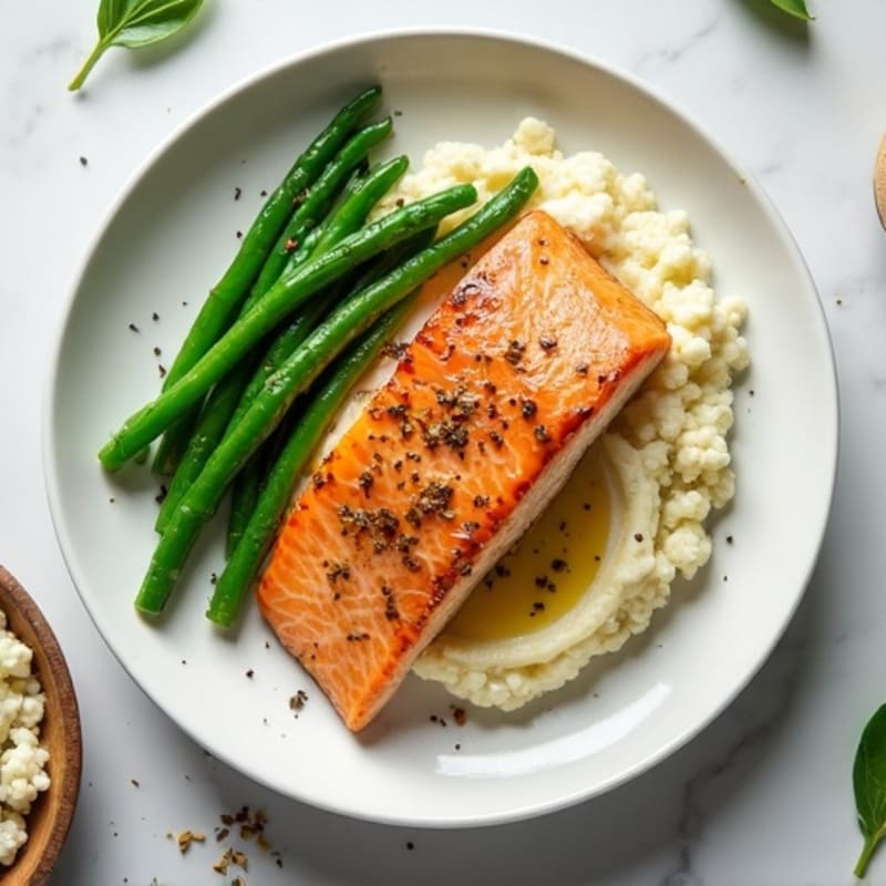 Seared Salmon with Garlic Green Beans and Mashed Cauliflower