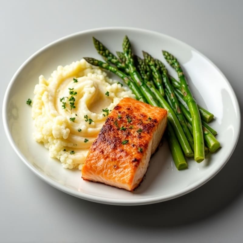 Seared Salmon with Steamed Asparagus and Cauliflower Mash