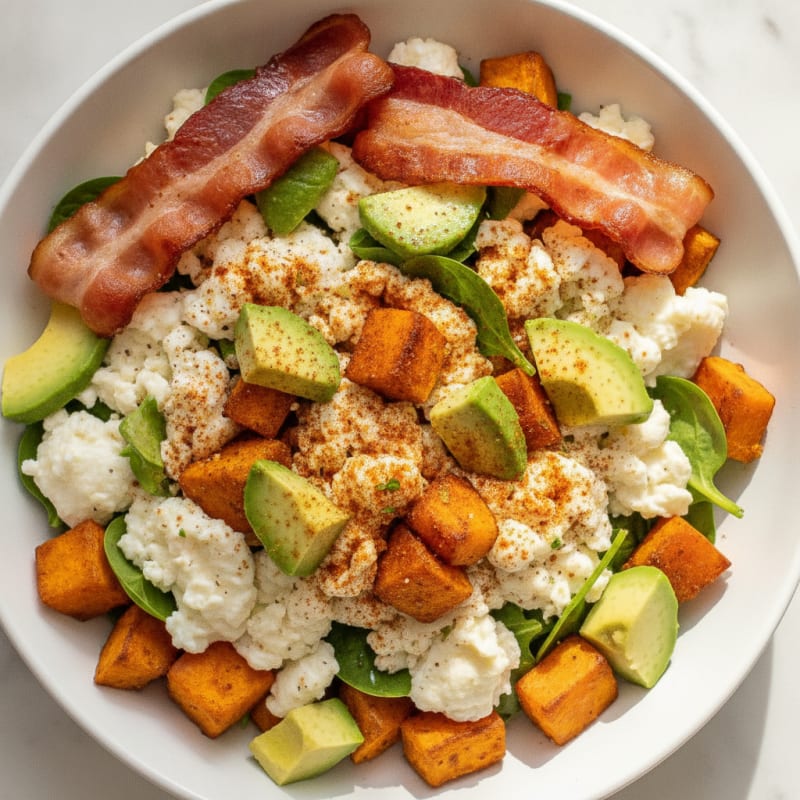 Crispy Turkey Bacon and Egg White Breakfast Bowl with Roasted Sweet Potato