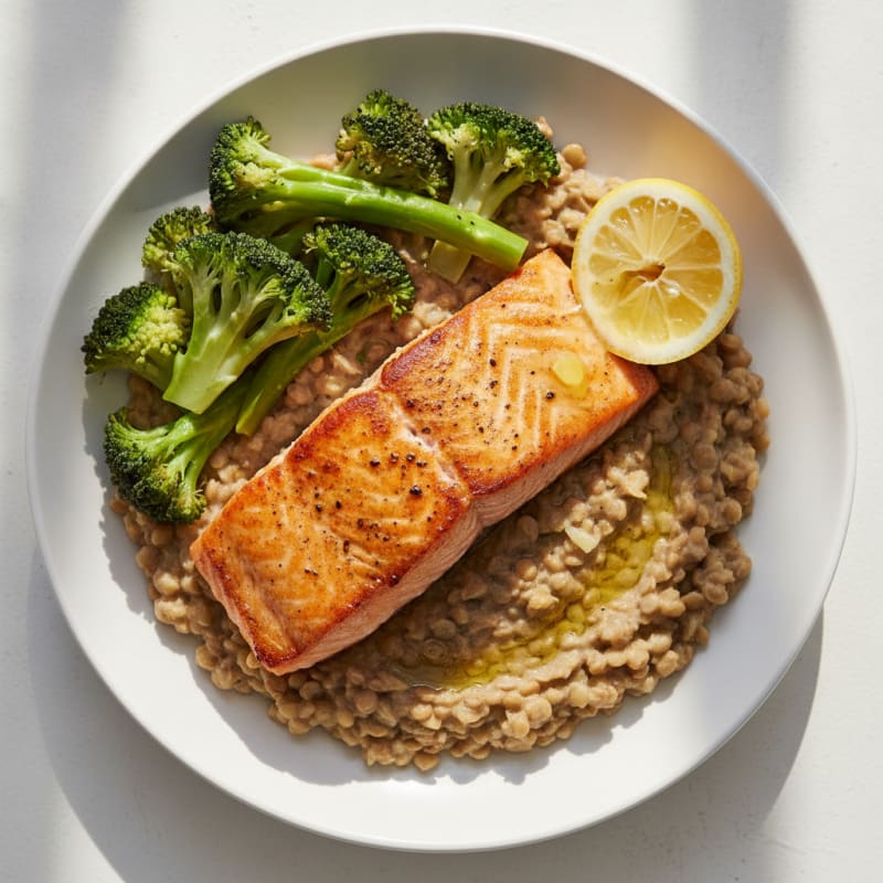 Pan-Seared Salmon with Steamed Broccoli and Lentil Mash