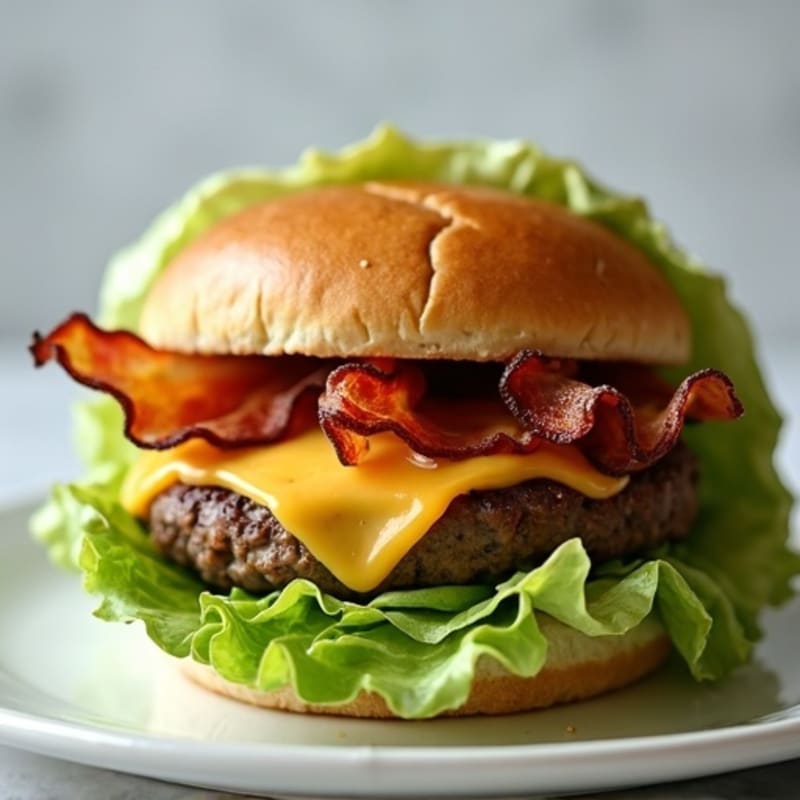 Lean Beef Burger with Crispy Turkey Bacon, Melted White Cheddar, and Fresh Lettuce Wrap