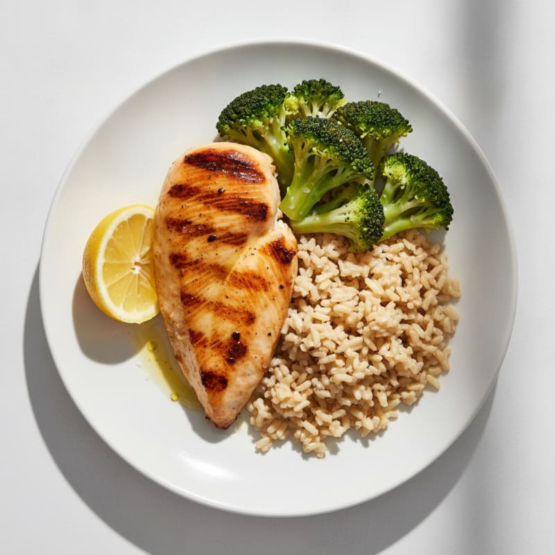 Grilled Chicken Breast with Steamed Broccoli and Brown Rice