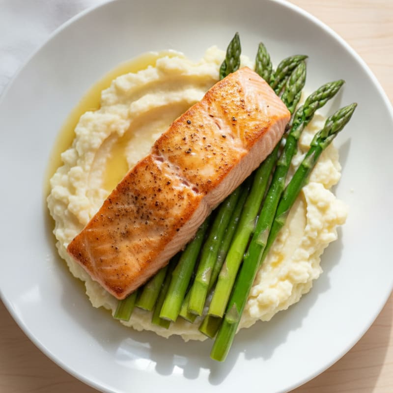 Seared Salmon with Steamed Asparagus and Cauliflower Mash