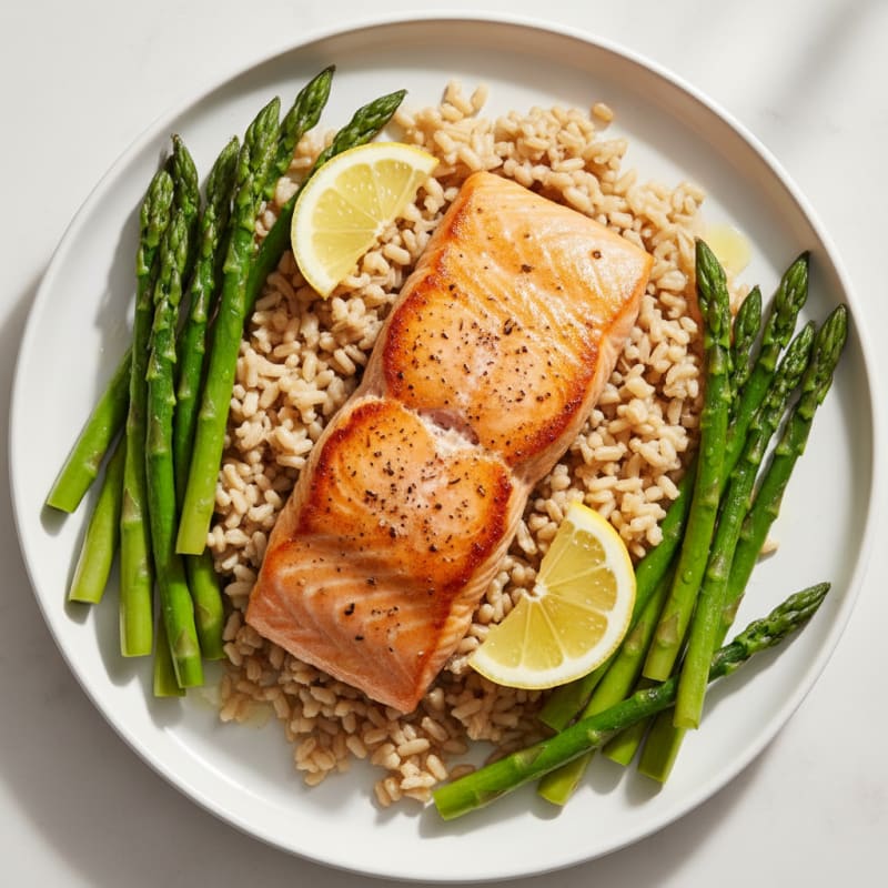 Seared Salmon with Steamed Asparagus and Brown Rice