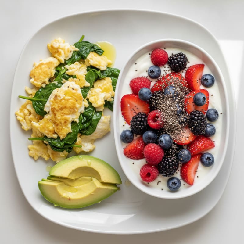 Egg White and Spinach Scramble with Greek Yogurt and Chia Berry Bowl