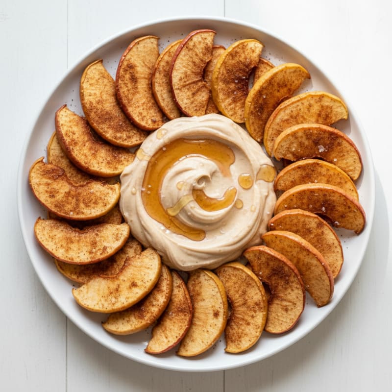 Baked Cinnamon Apple Chips with High-Protein Maple-Almond Dip