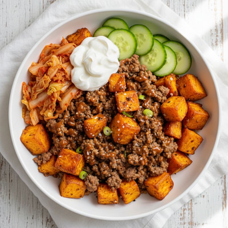 Sweet Potato Beef Kimchi Bowl