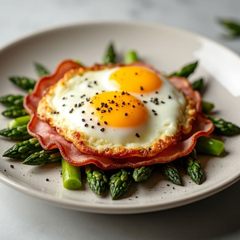 Baked Eggs with Crispy Ham and Roasted Asparagus