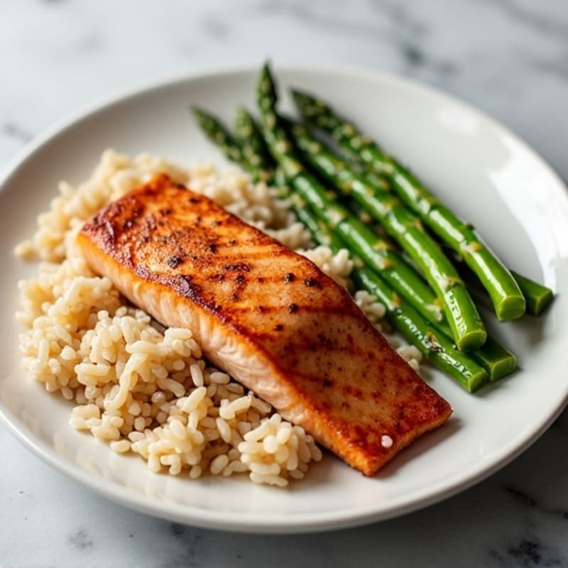 Seared Salmon with Steamed Asparagus and Brown Rice