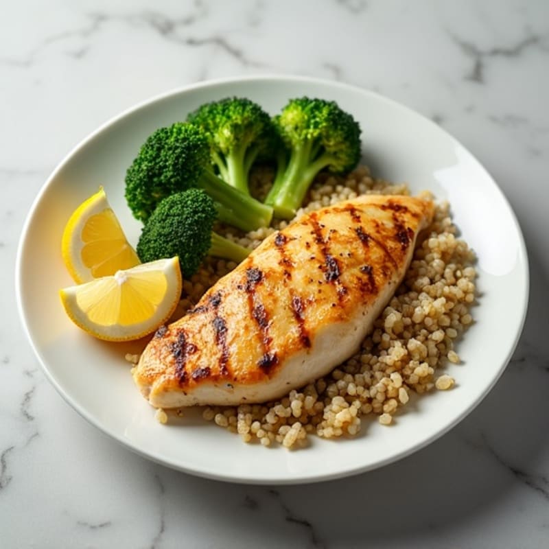 Grilled Lemon Chicken Breast with Quinoa and Steamed Broccoli