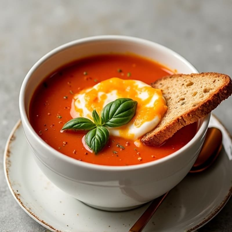 Roasted Tomato Basil Soup with Crispy Whole Wheat Cheddar Melts