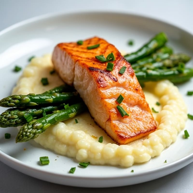 Seared Salmon with Steamed Asparagus and Cauliflower Mash