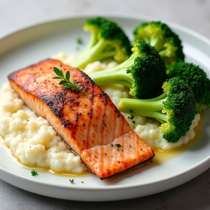 Seared Salmon Filet with Steamed Broccoli and Garlic Cauliflower Mash