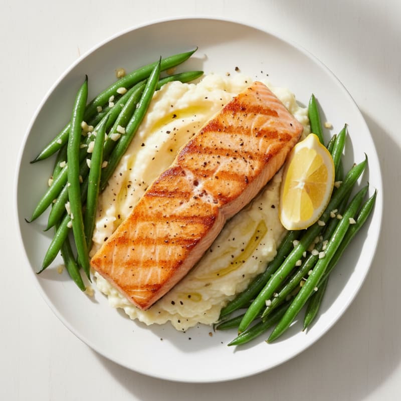 Seared Salmon Fillet with Garlic Green Beans and Mashed Cauliflower