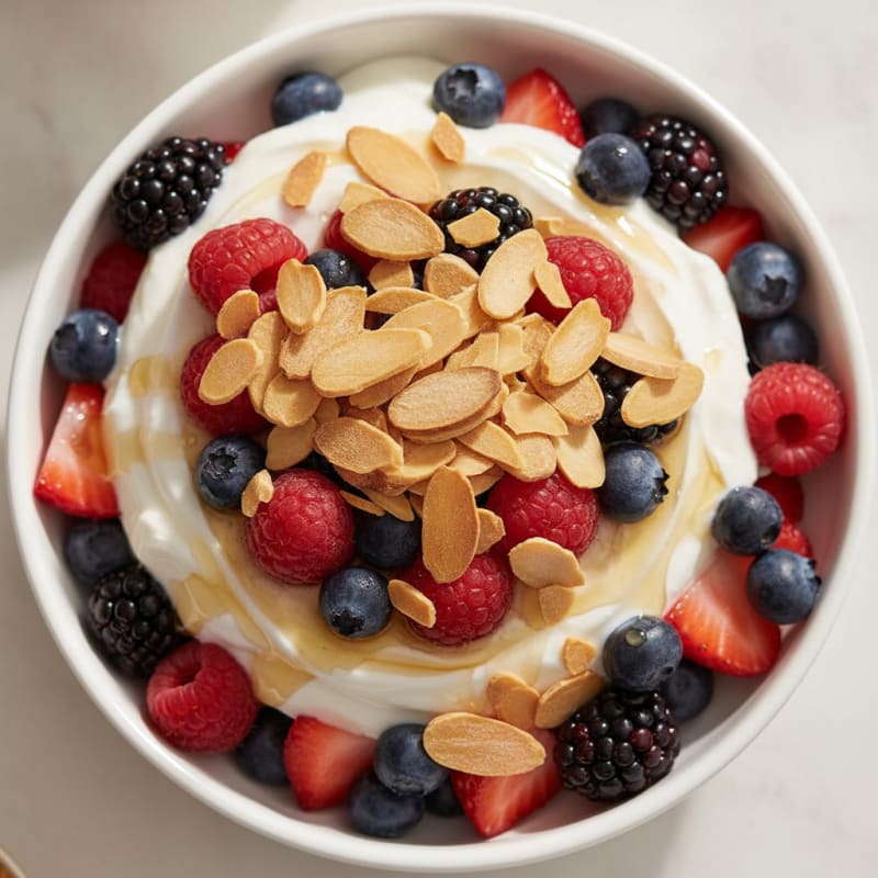Greek Yogurt Protein Parfait with Mixed Berries and Almonds