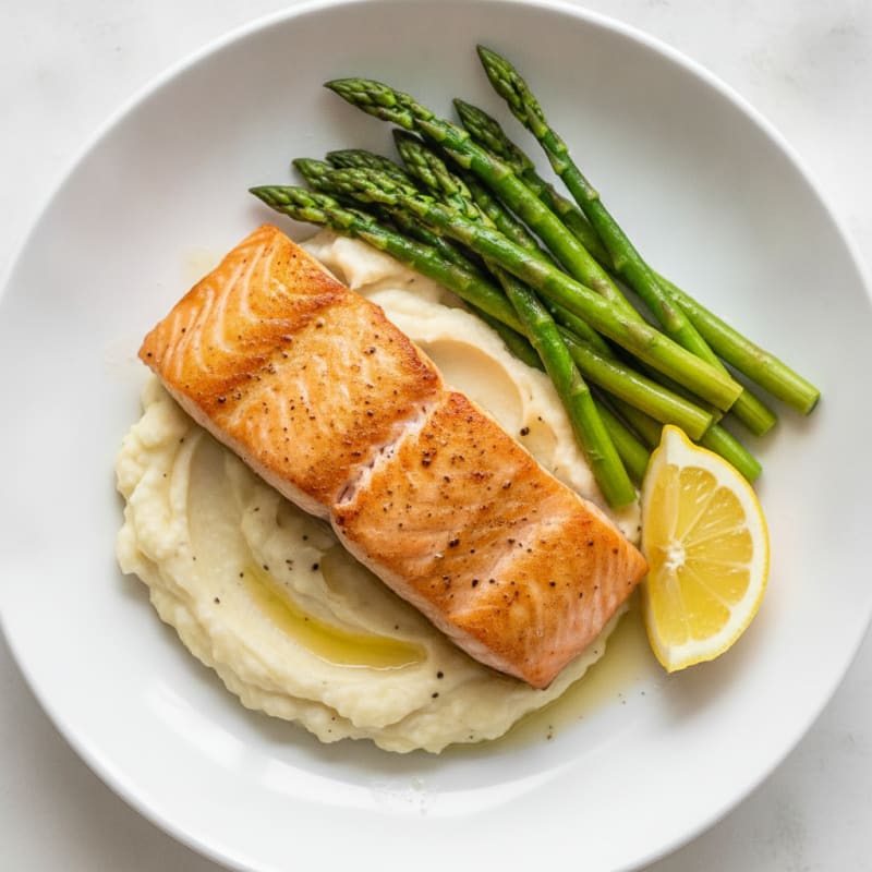 Seared Salmon with Steamed Asparagus and Cauliflower Mash