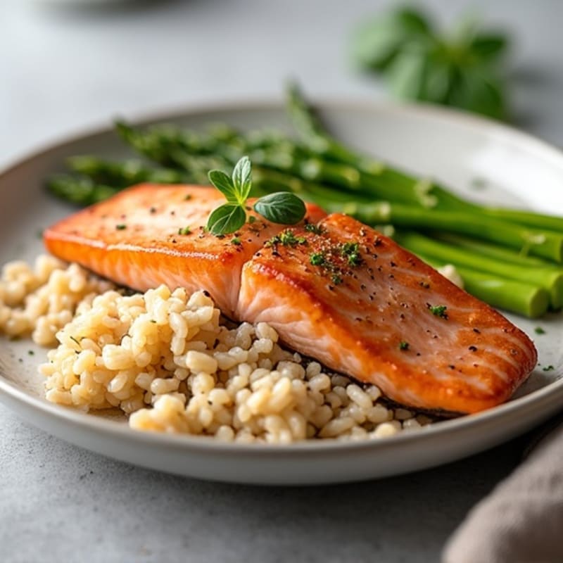 Seared Salmon with Steamed Asparagus and Brown Rice