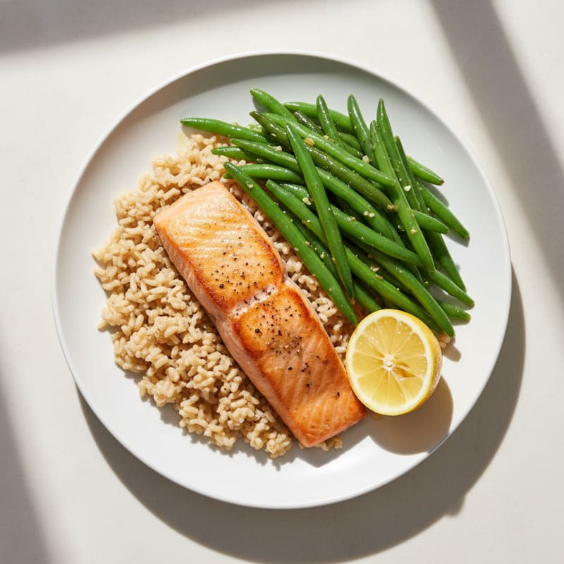 Seared Salmon with Garlic Green Beans and Brown Rice