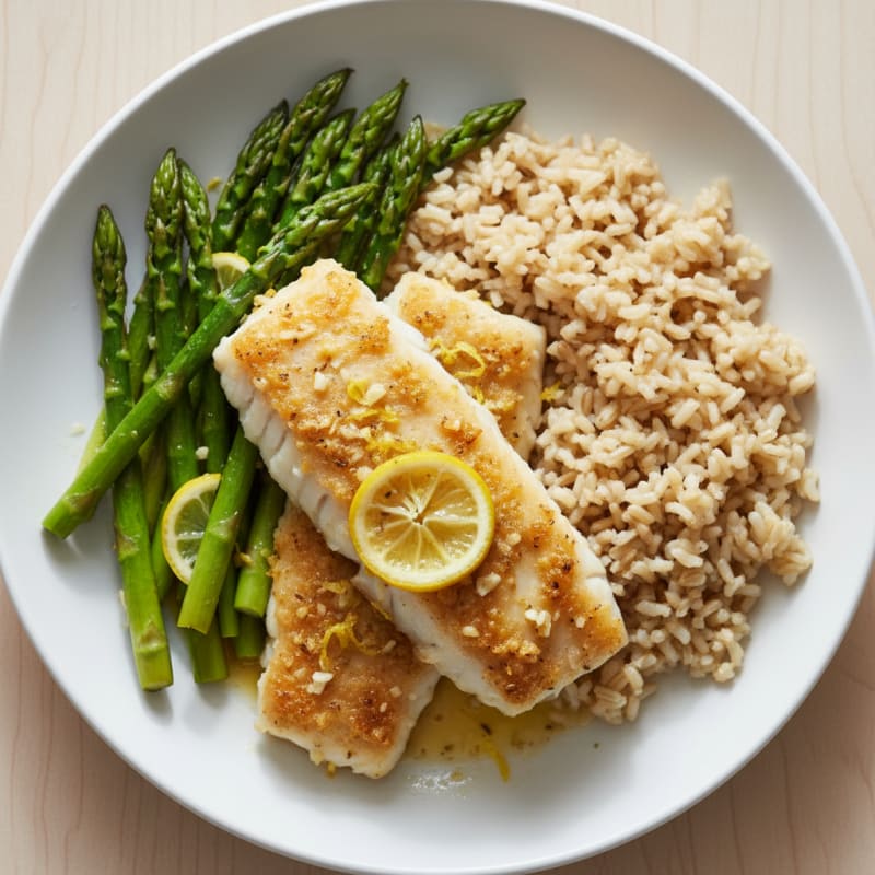 Baked Cod with Lemon Asparagus and Steamed Brown Rice