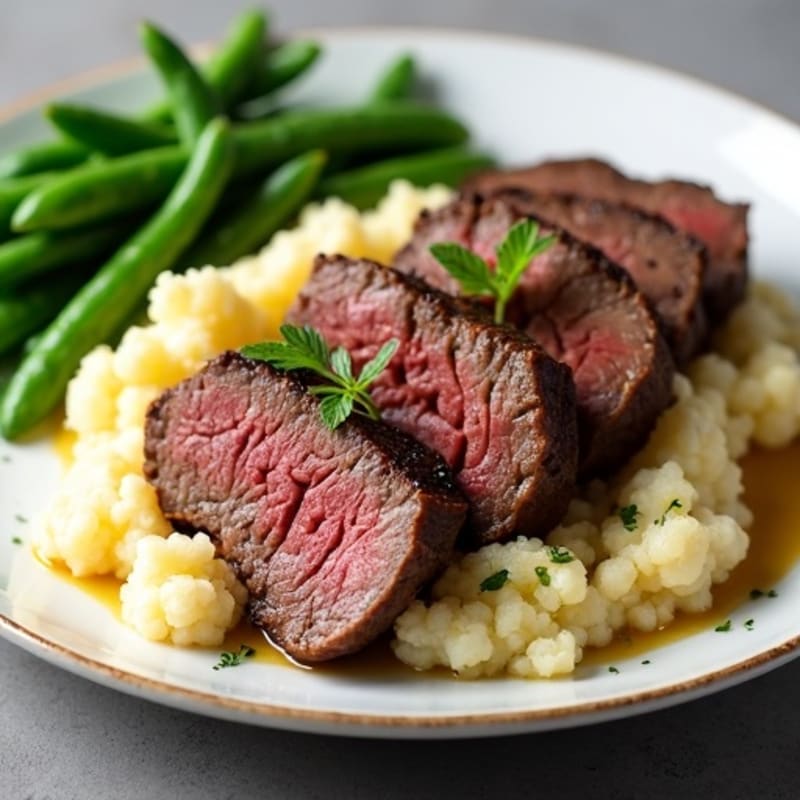Seared Lean Beef Strips with Steamed Green Beans and Cauliflower Mash