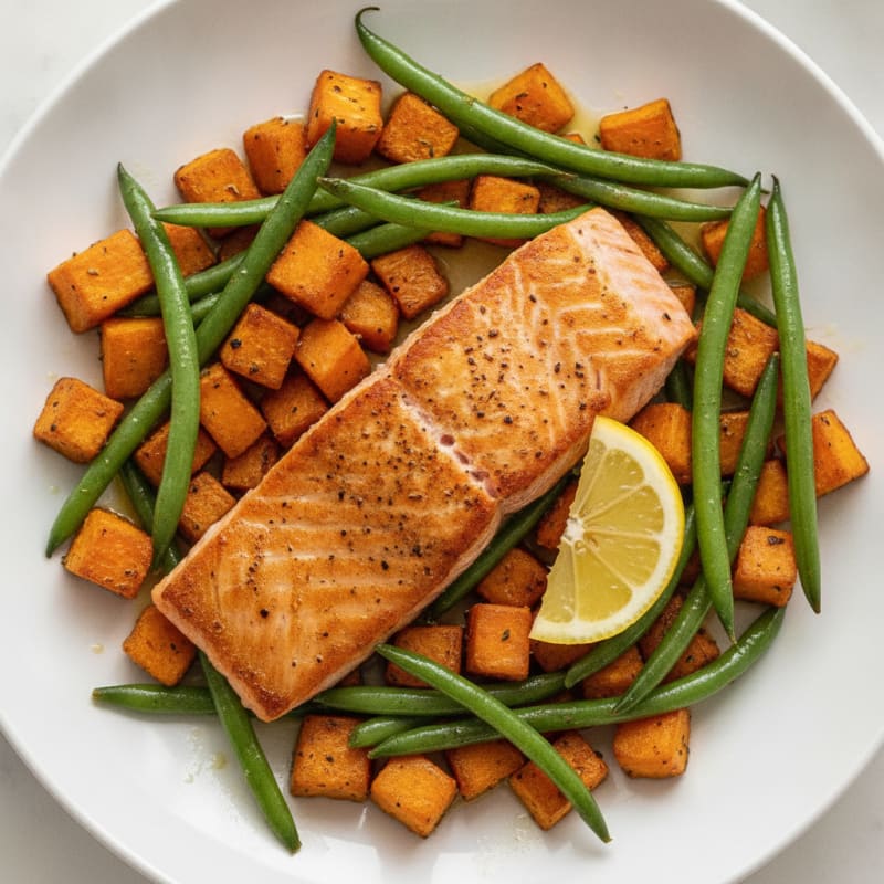 Seared Salmon Fillet with Roasted Sweet Potato and Green Beans