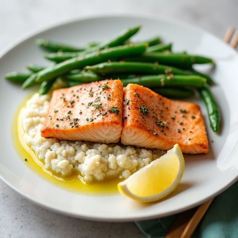 Seared Salmon Filet with Steamed Green Beans and Cauliflower Mash