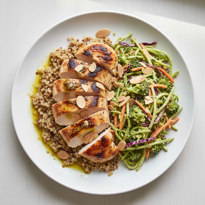Grilled Chicken Breast with Quinoa and Crunchy Broccoli Slaw