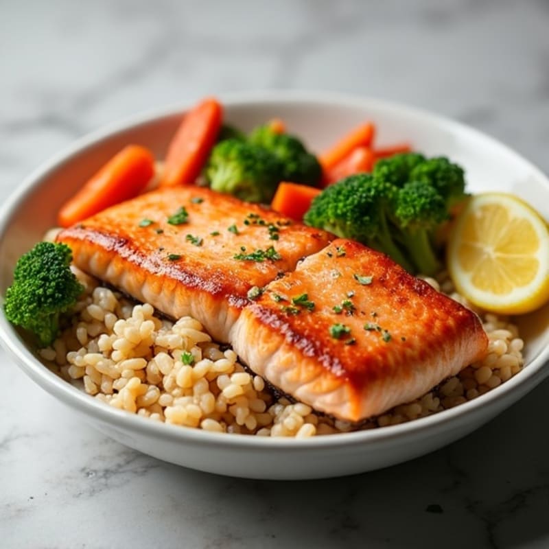 Pan-Seared Salmon and Fresh Vegetable Rice Bowl