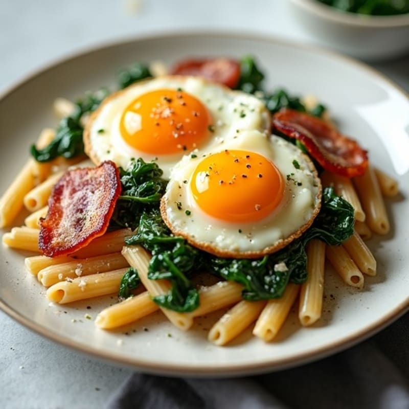 Crispy Turkey Bacon and Creamy Egg Pasta with Wilted Spinach