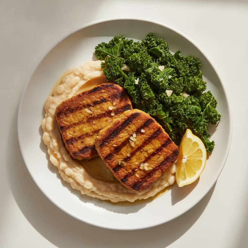 Grilled Tempeh Steaks with Creamy White Bean Mash and Sautéed Kale