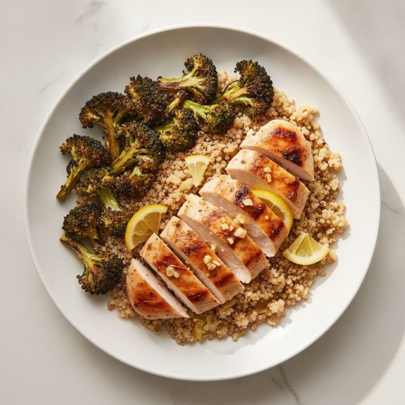 Grilled Lemon-Garlic Chicken Breast with Quinoa and Roasted Broccoli