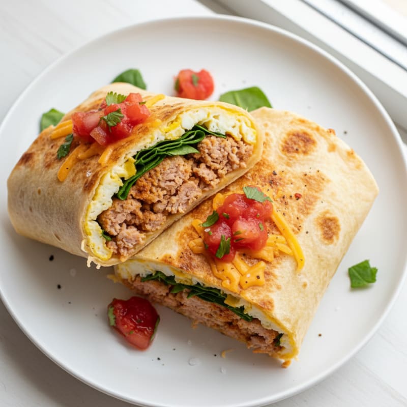 Cheesy Egg and Turkey Sausage Breakfast Burrito