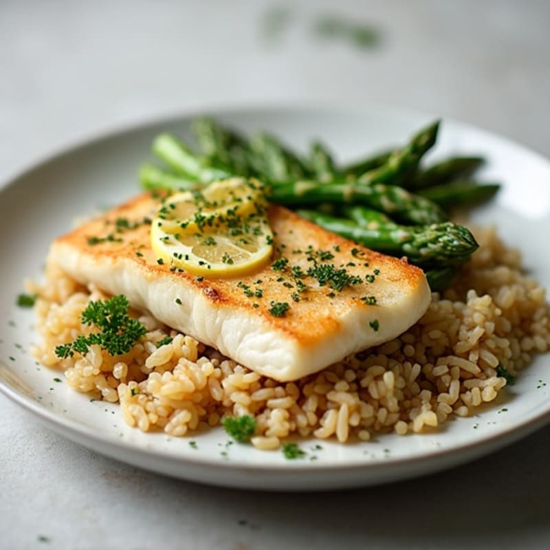 Lemon-Herb Pan-Seared Hake with Fluffy Brown Rice and Roasted Asparagus