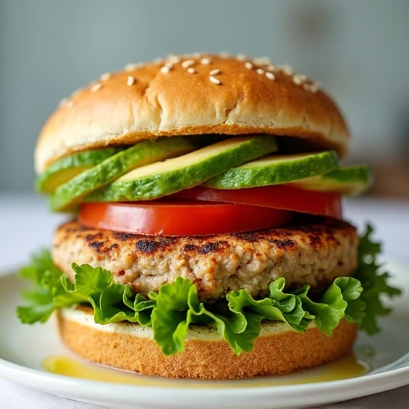 Grilled Turkey Burger with Avocado and Mixed Greens