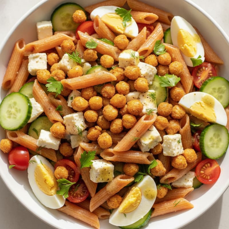 Lentil Pasta Salad with Roasted Chickpeas and Feta