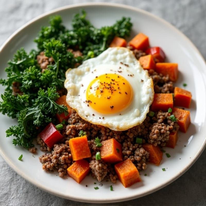 Lean Ground Beef and Sweet Potato Hash with Crispy Kale
