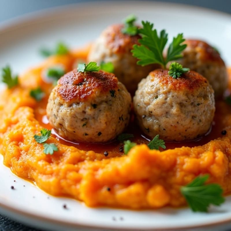 Herb-Seasoned Turkey Meatballs with Roasted Sweet Potato Mash