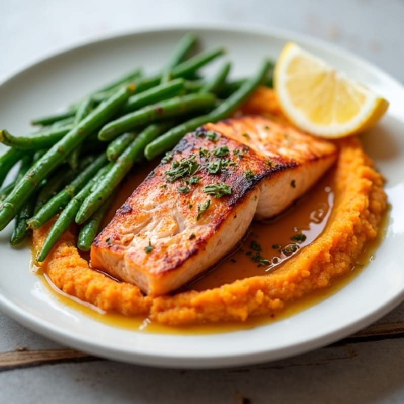Seared Salmon Fillet with Garlic Green Beans and Sweet Potato Mash