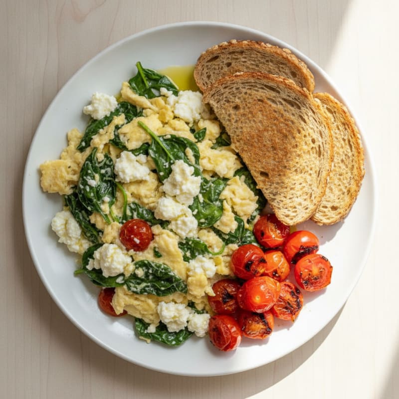 Egg White and Spinach Scramble with Cottage Cheese and Cherry Tomatoes
