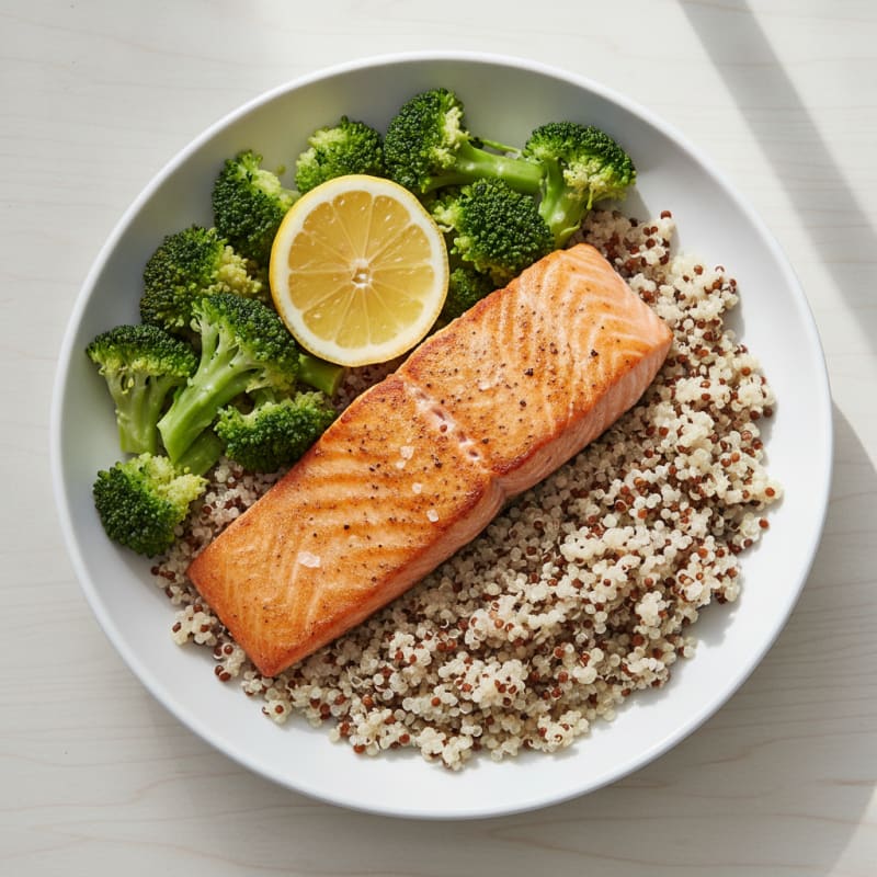 Seared Salmon Fillet with Steamed Broccoli and Quinoa