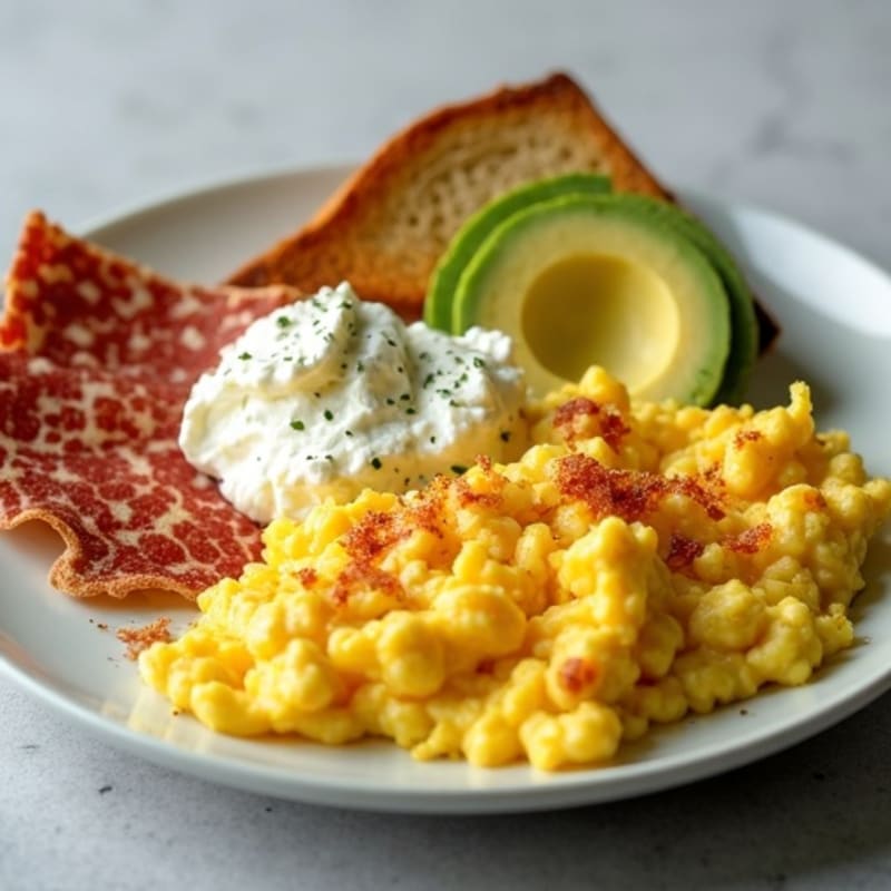 Scrambled Eggs with Crispy Spam, Sourdough Toast, Creamy Cottage Cheese, and Sliced Avocado