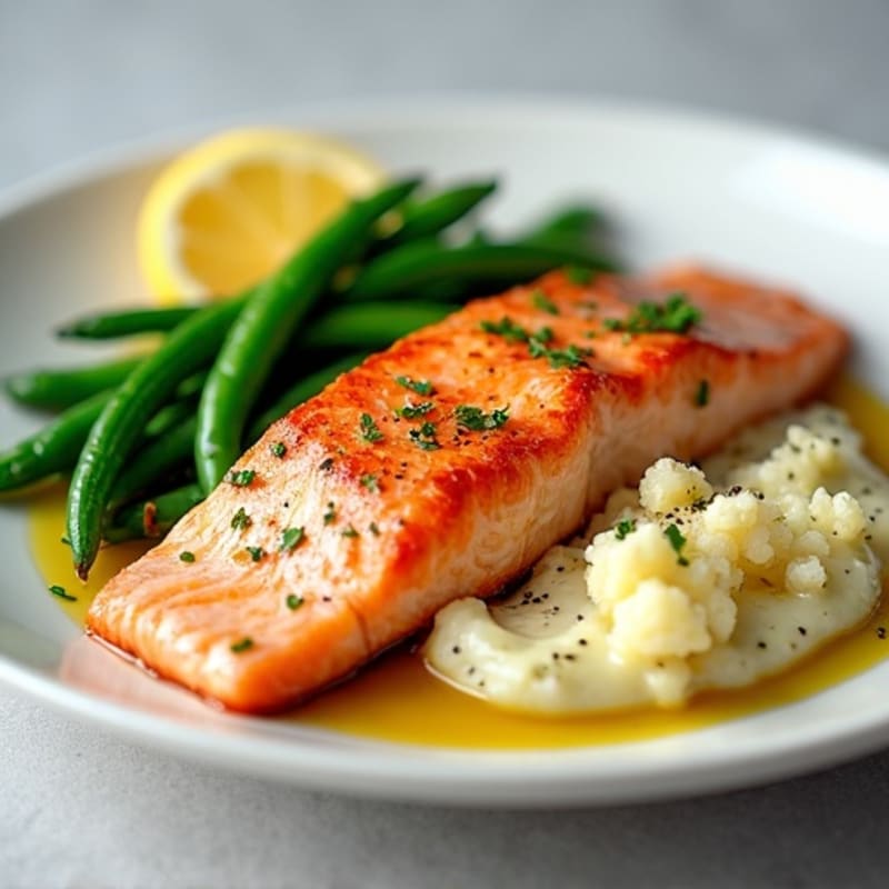 Seared Salmon Fillet with Steamed Green Beans and Garlic Mashed Cauliflower