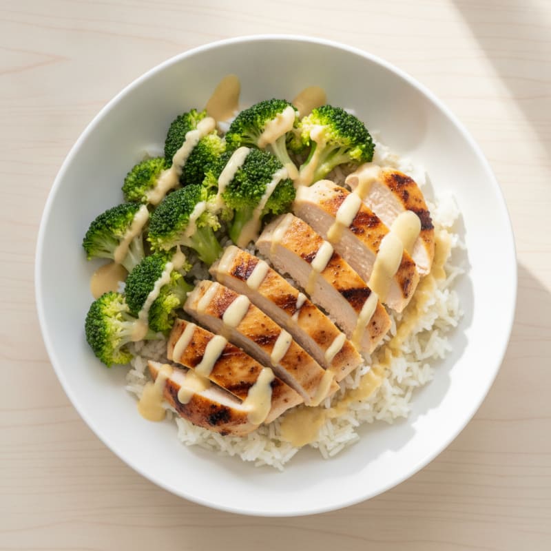 Grilled Chicken and Broccoli Rice Bowl with Lemon-Tahini Drizzle