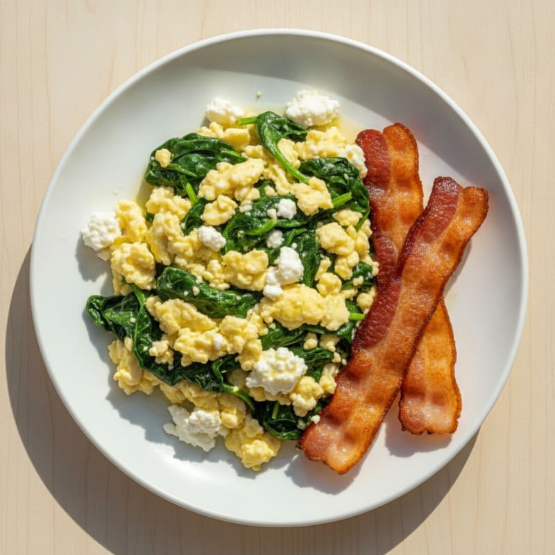 Cottage Cheese Scramble with Spinach and Turkey Bacon
