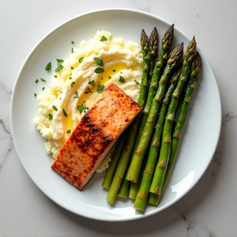 Pan-Seared Salmon with Roasted Asparagus and Garlic Mashed Cauliflower